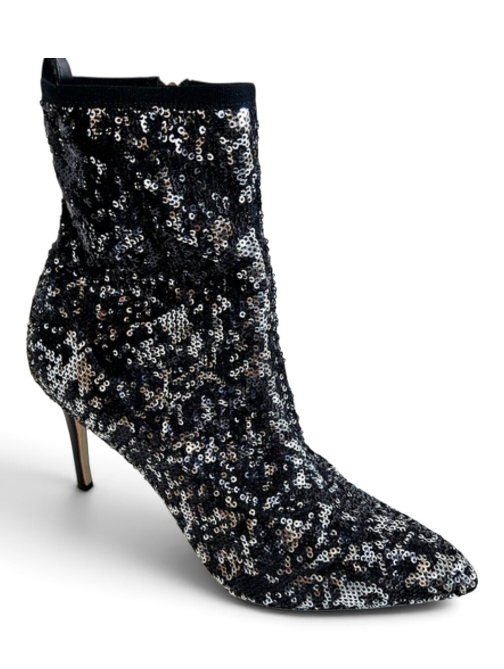 Sam Edelman Olson Sock Boots 8.5 Sequin Pointed Toe Stiletto Black Silver Party